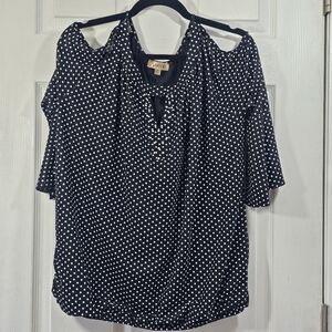 Lavish Black & White Polka-dot Cold Shoulder Rhinestone Bell Sleeve Top Size XL
